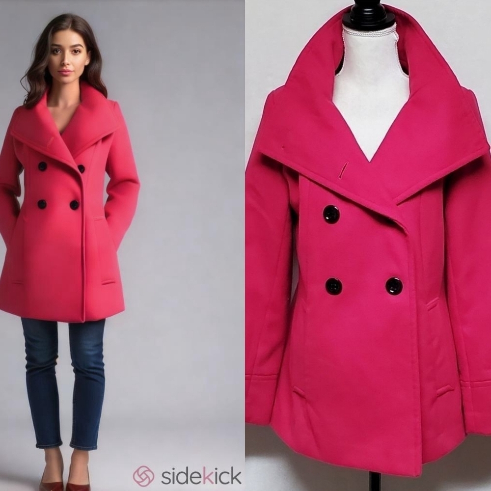 Pink Calvin Klein Funnel Collar Shawl Collar Double Breasted Half Belt Peacoat M